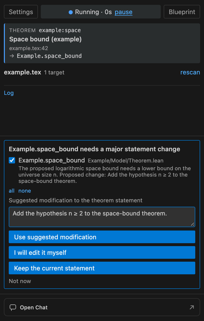 Tex2Lean restatement proposal for Example.space_bound,
      with a suggested hypothesis, text box, and three decision buttons.